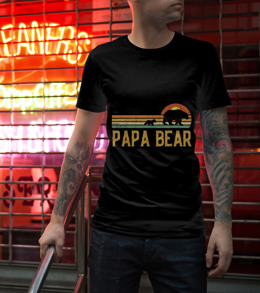 Vintage Papa Bear Daddy Retro Sunset Wildling Dad Bear 2Klog T-Shirt