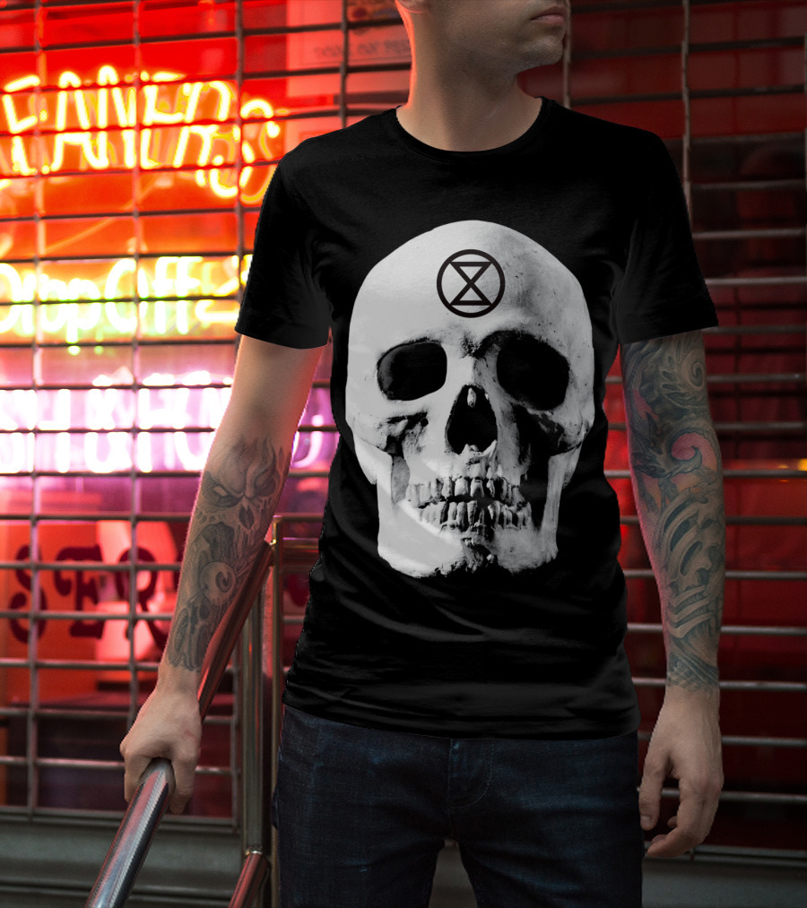 Extinction Rebellion Skull With Hourglass Symbol In Deadly Warning T-Shirt