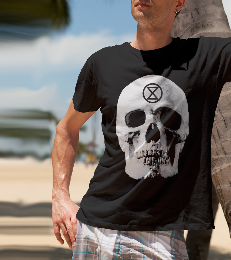 Extinction Rebellion Skull With Hourglass Symbol In Deadly Warning T-Shirt