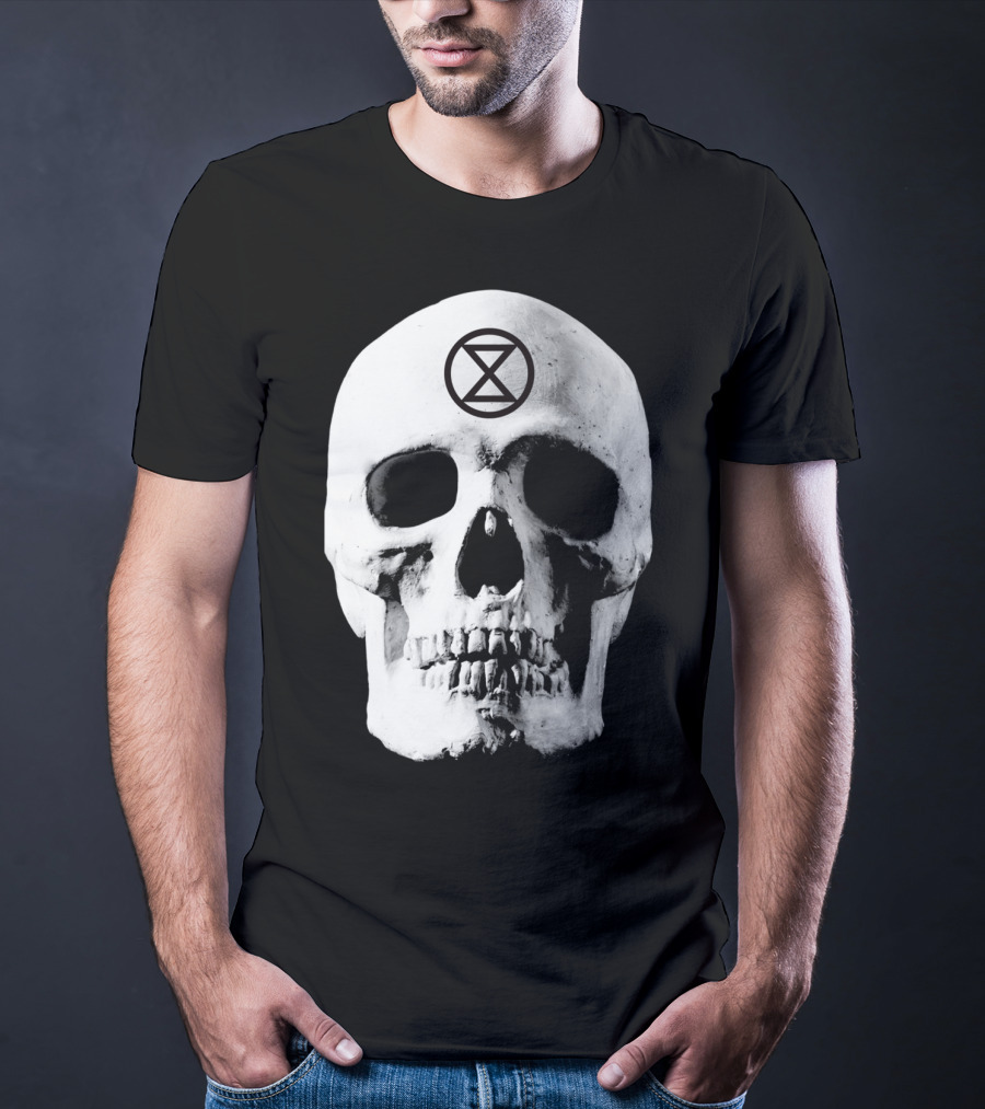 Extinction Rebellion Skull With Hourglass Symbol In Deadly Warning T-Shirt
