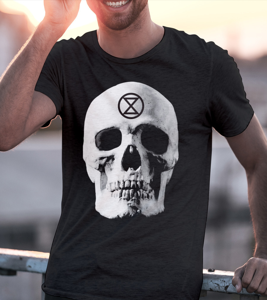 Extinction Rebellion Skull With Hourglass Symbol In Deadly Warning T-Shirt