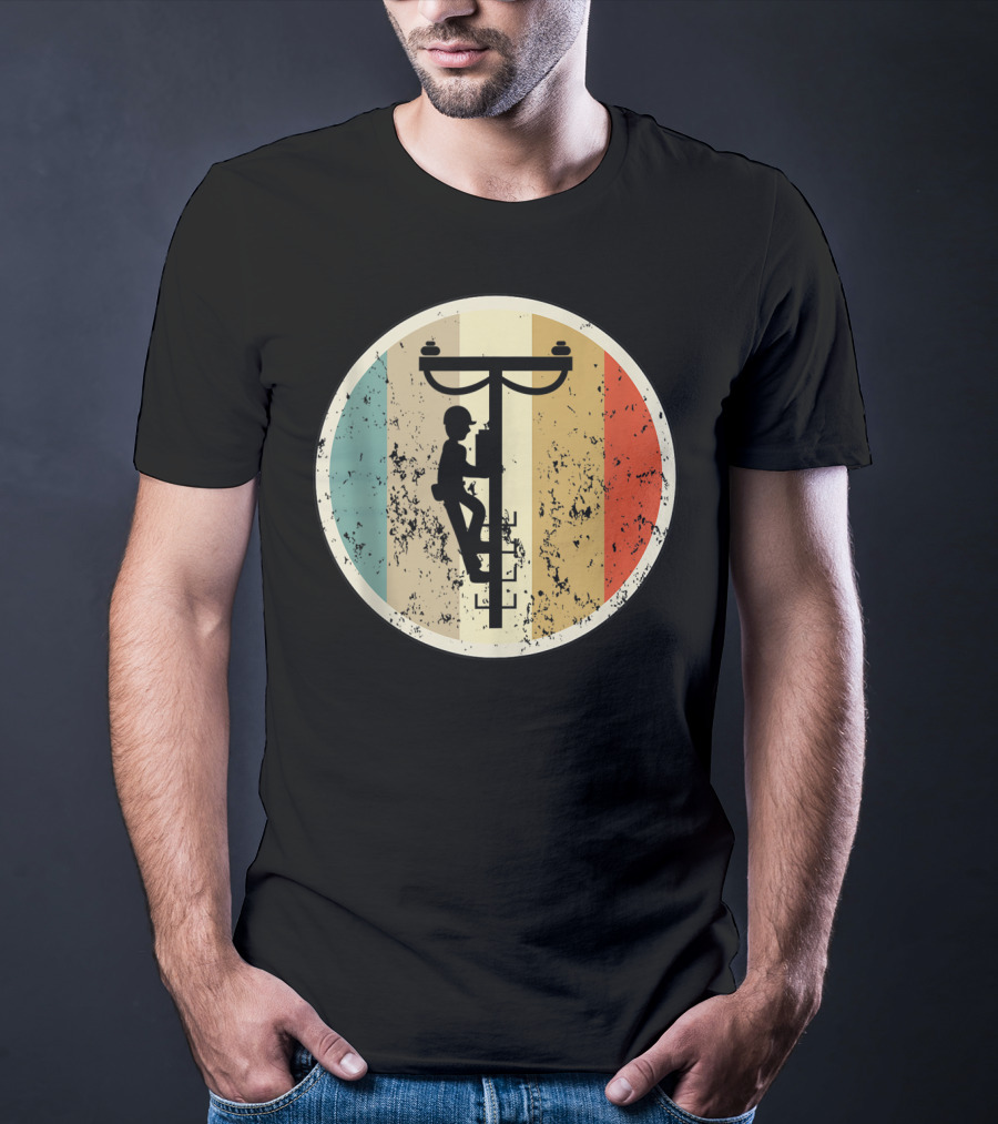 High Voltage Electrician Climbing Power Pole Retro Vintage Electrical T-Shirt