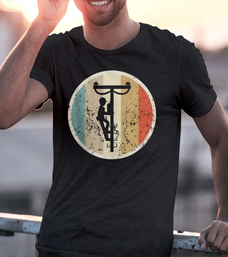 High Voltage Electrician Climbing Power Pole Retro Vintage Electrical T-Shirt