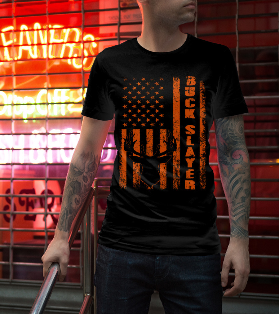 Hunting Blaze Orange Buck Slayer Patriotic Flag Deer T-Shirt