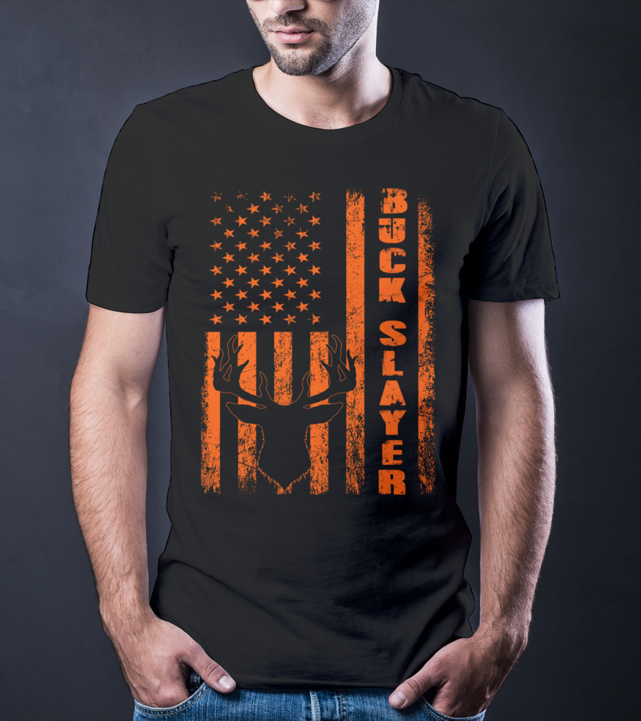 Hunting Blaze Orange Buck Slayer Patriotic Flag Deer T-Shirt