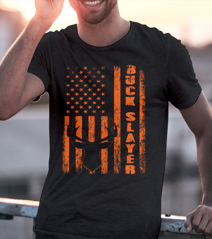 Hunting Blaze Orange Buck Slayer Patriotic Flag Deer T-Shirt