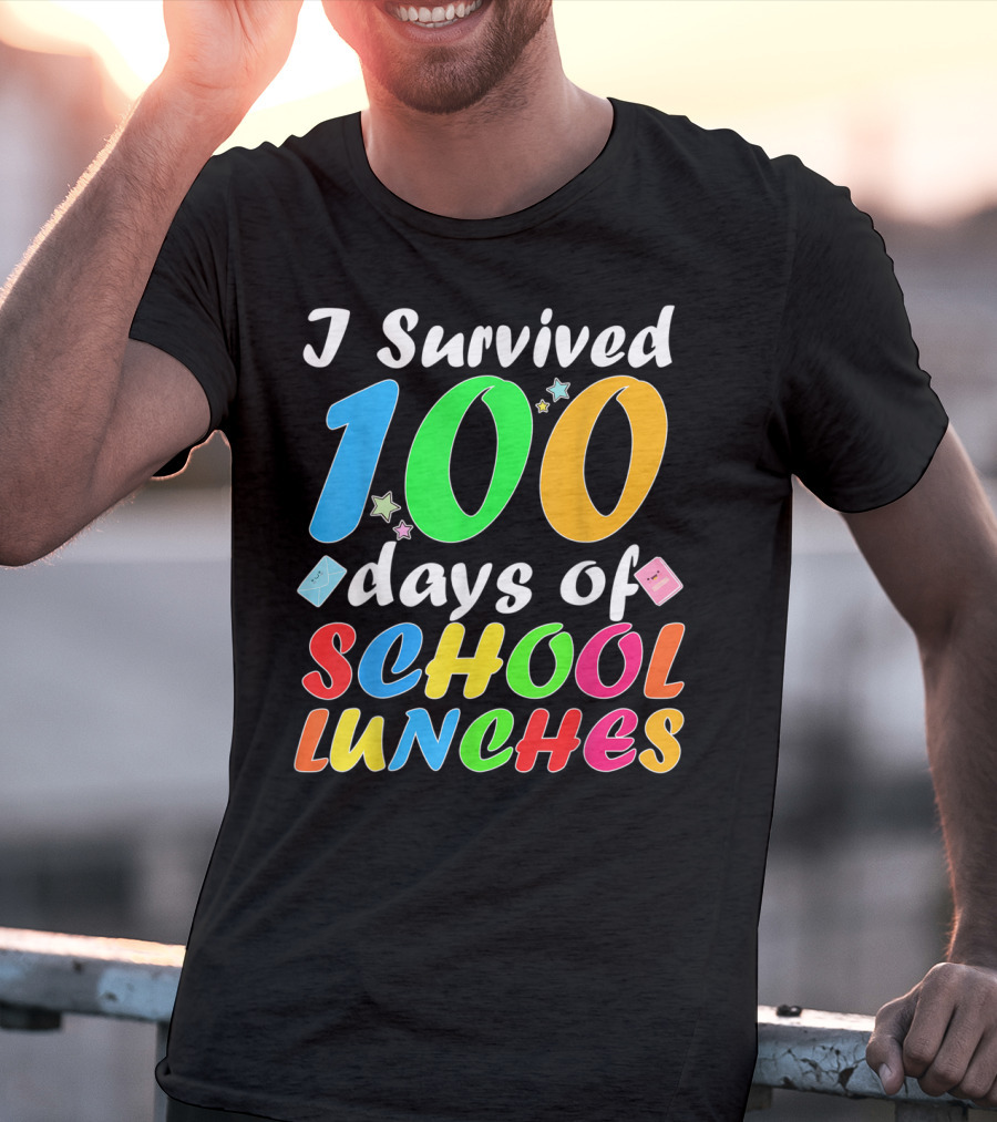 I Survived 100 Days Of School Lunches Colorful Stars And Playful Faces T-Shirt