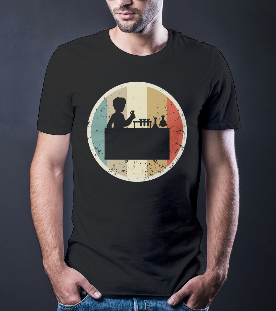 Silhouette Of Laboratory Chemist Technician Science With Retro Stripes T-Shirt