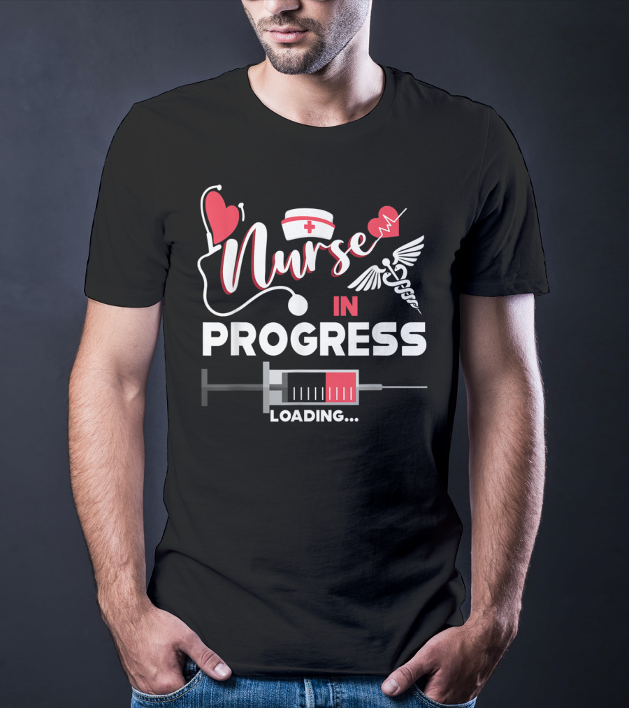 Nurse In Progress Loading Please Wait With Medical Symbols And Heart Motif T-Shirt