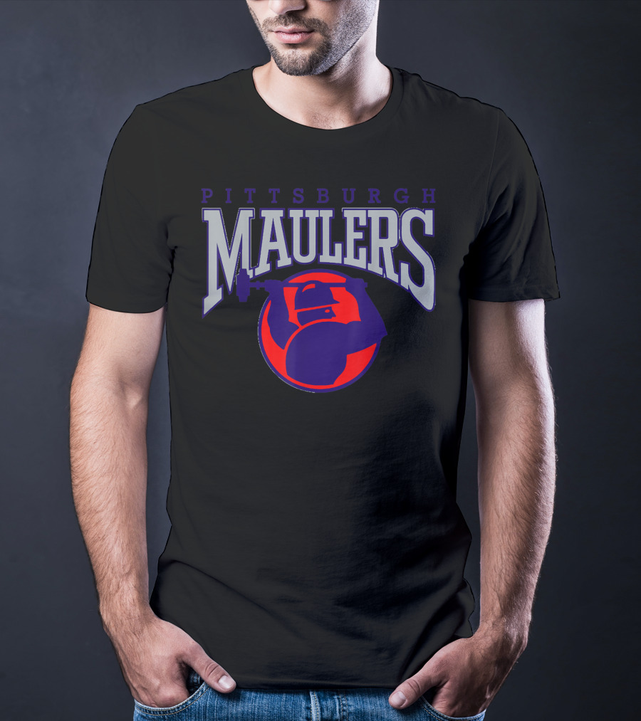Pittsburgh Maulers Football Team Logo With Hammer Icon In Blue And Red T-Shirt
