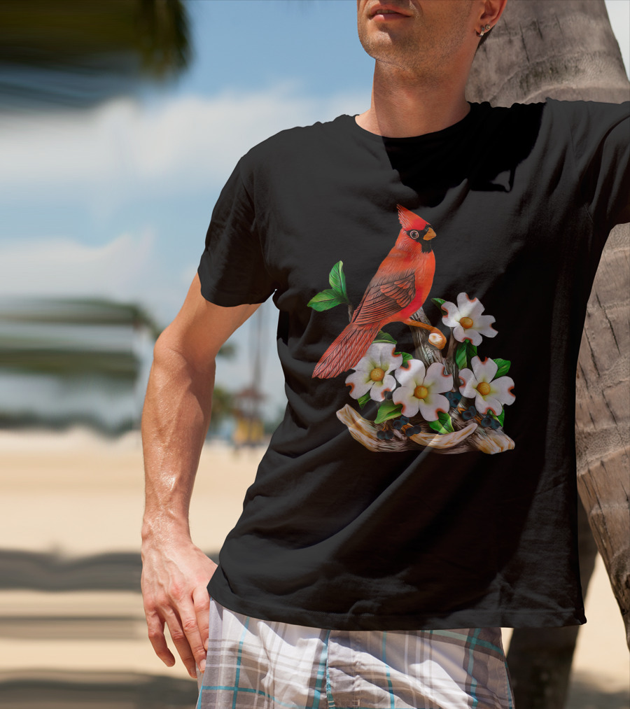 Red Cardinal Birds With White Flowering Blossoms T-Shirt