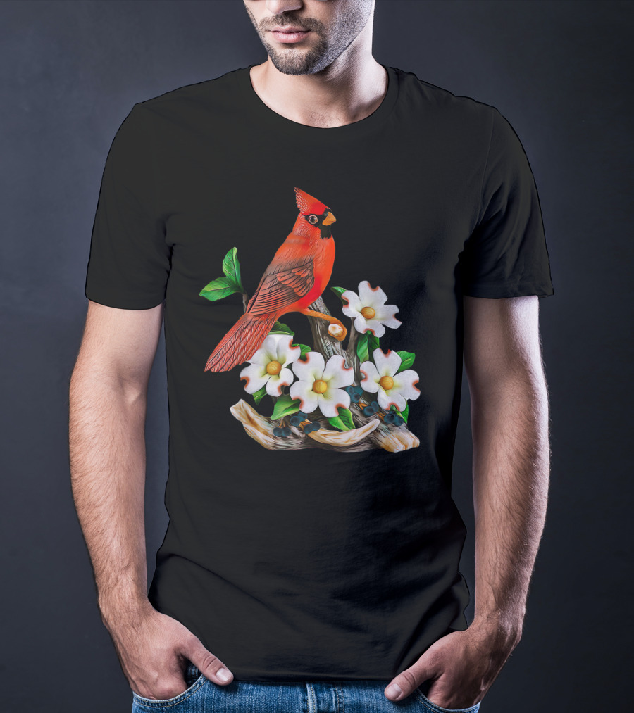 Red Cardinal Birds With White Flowering Blossoms T-Shirt