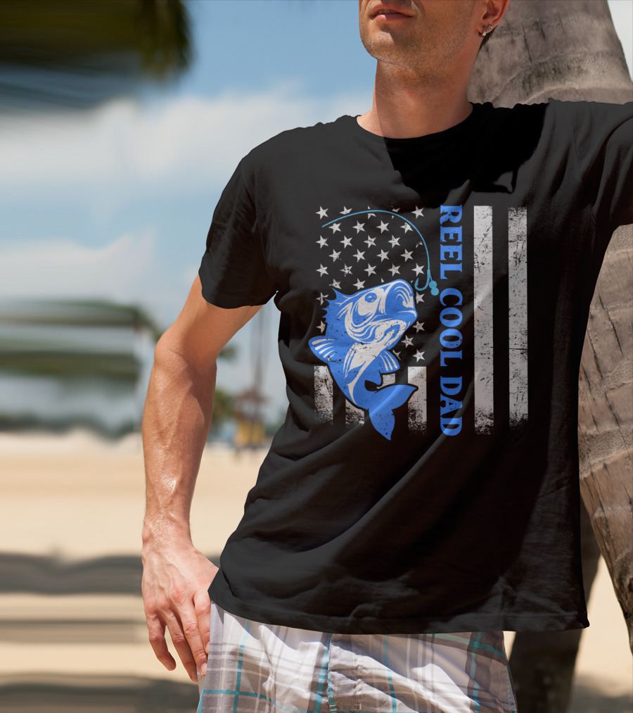 Reel Cool Dad Funny Fishing American Flag Fish T-Shirt