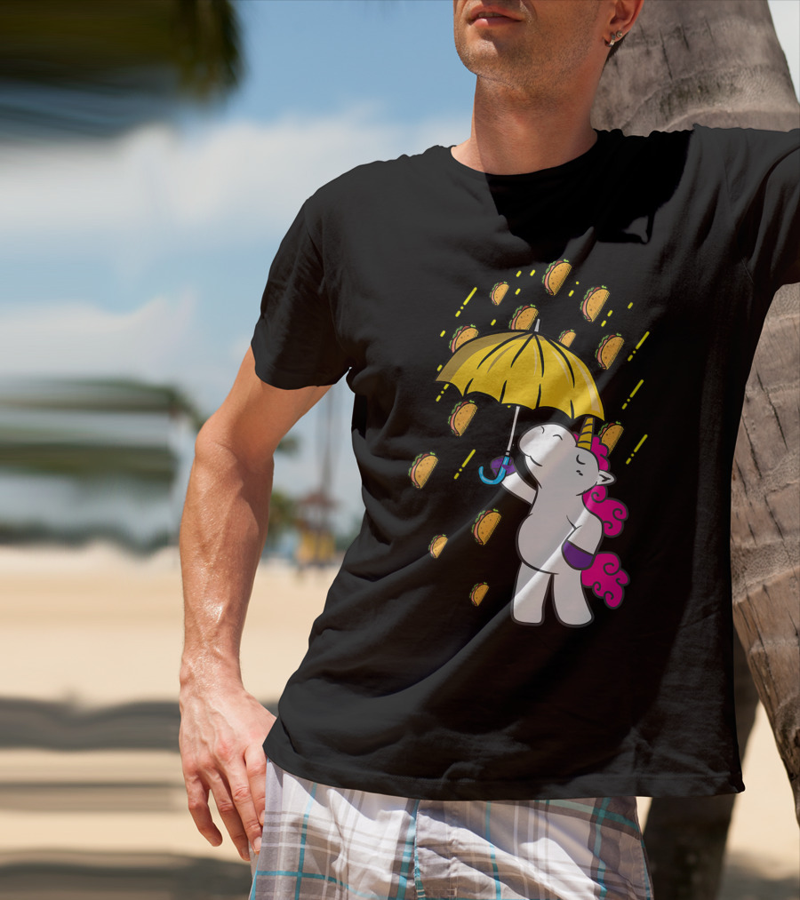 Its Raining Tacos Funny Unicorn Holding Yellow Umbrella T-Shirt