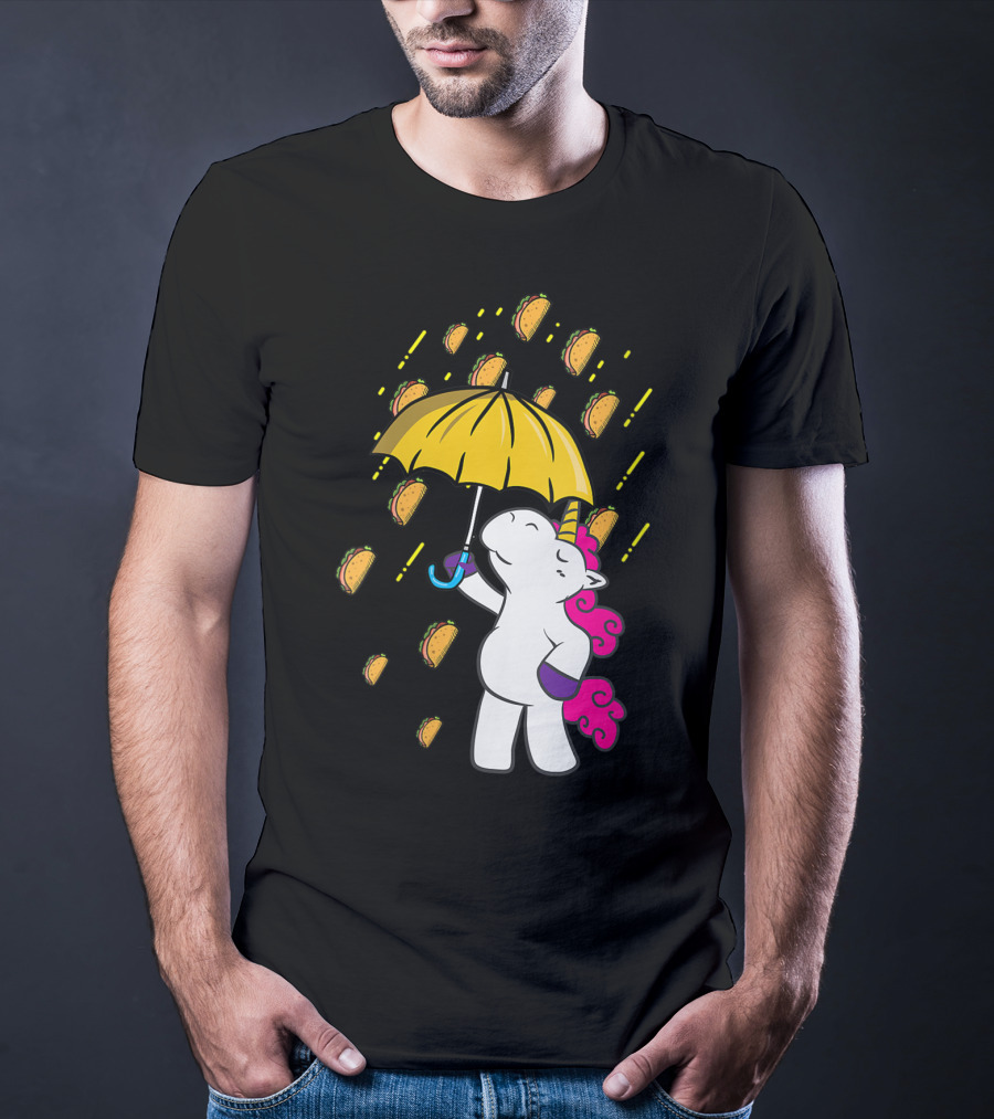 Its Raining Tacos Funny Unicorn Holding Yellow Umbrella T-Shirt