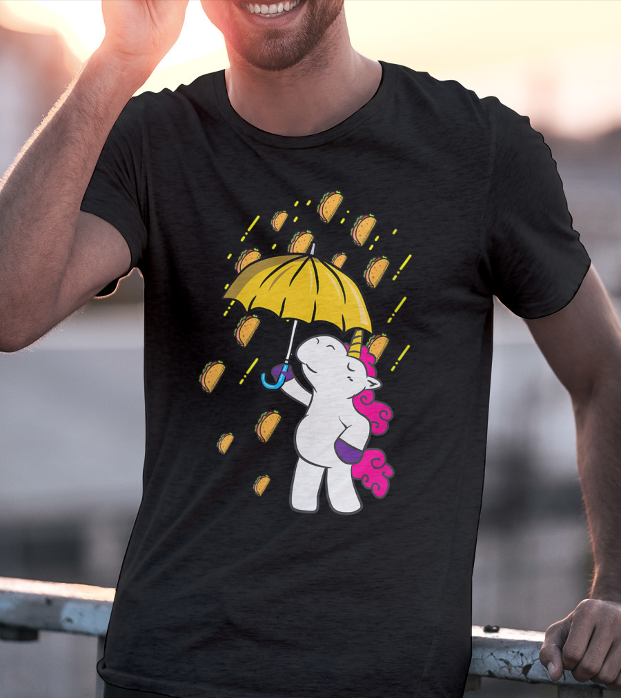 Its Raining Tacos Funny Unicorn Holding Yellow Umbrella T-Shirt