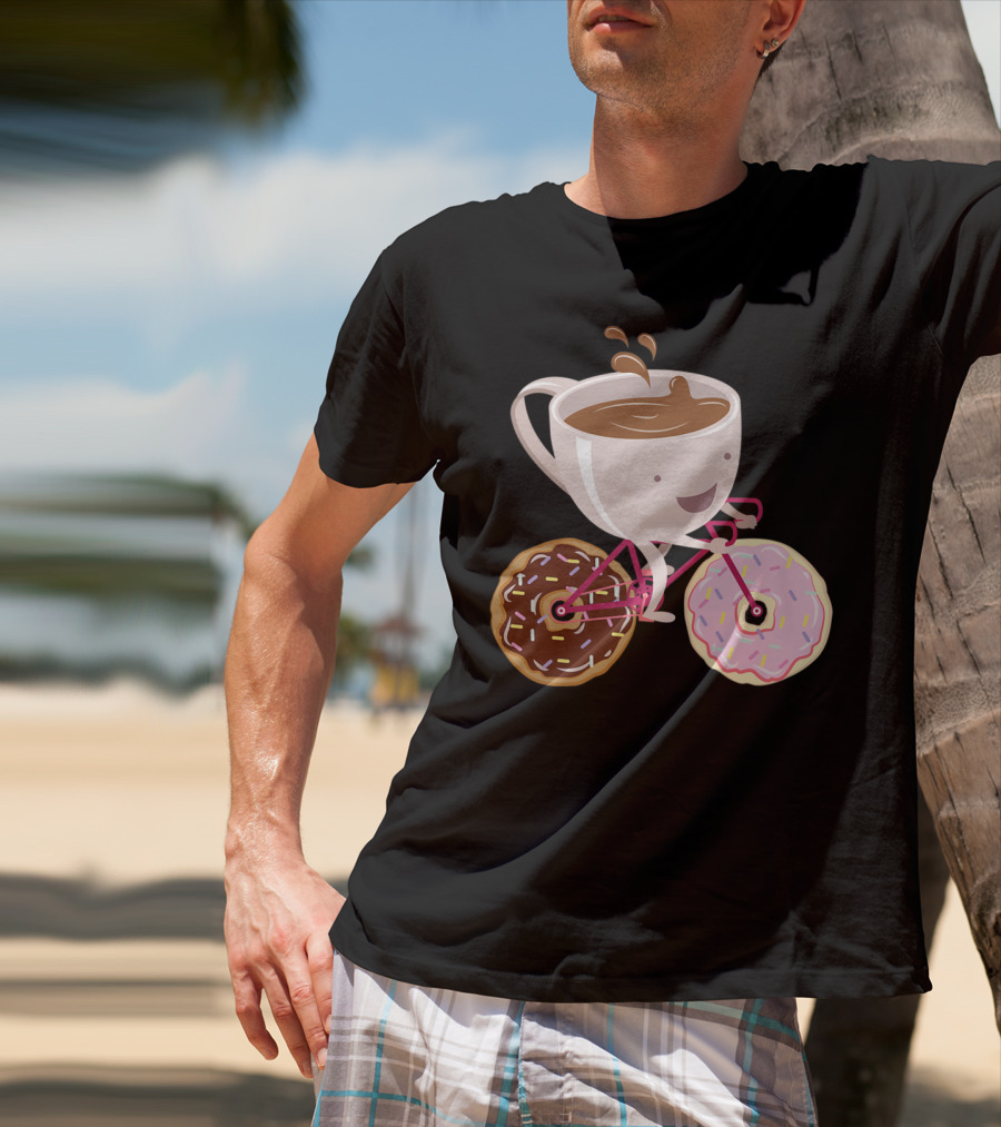 Coffee Cup Riding Bicycle With Donut Wheels Hand Drawn T-Shirt
