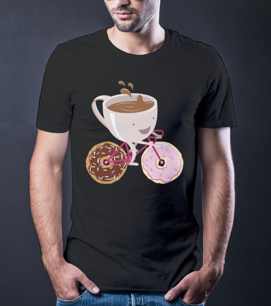 Coffee Cup Riding Bicycle With Donut Wheels Hand Drawn T-Shirt