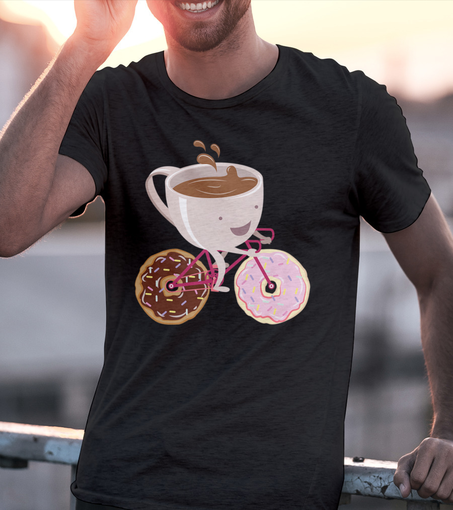 Coffee Cup Riding Bicycle With Donut Wheels Hand Drawn T-Shirt