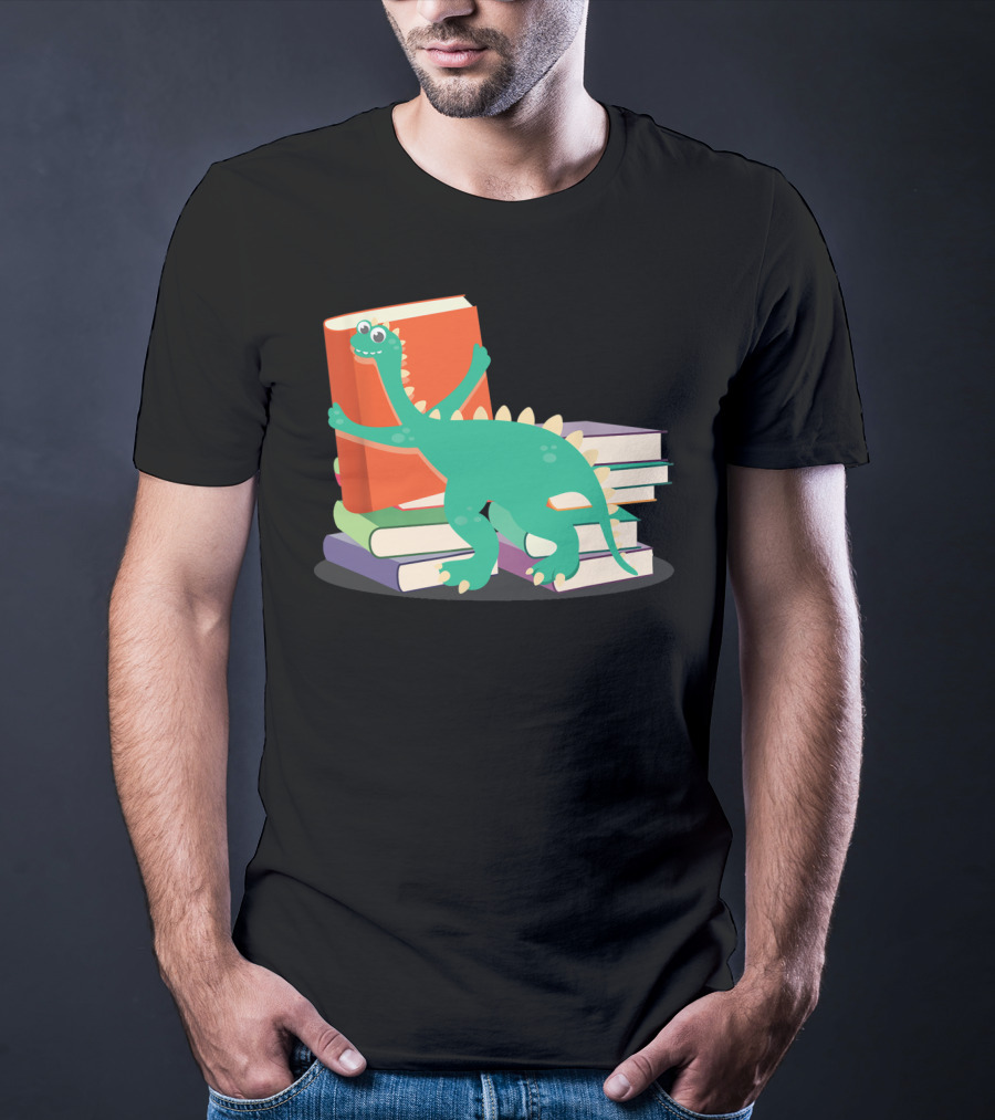 Cute Dinosaur Hugging Books For Bookish Literary Nerds T-Shirt