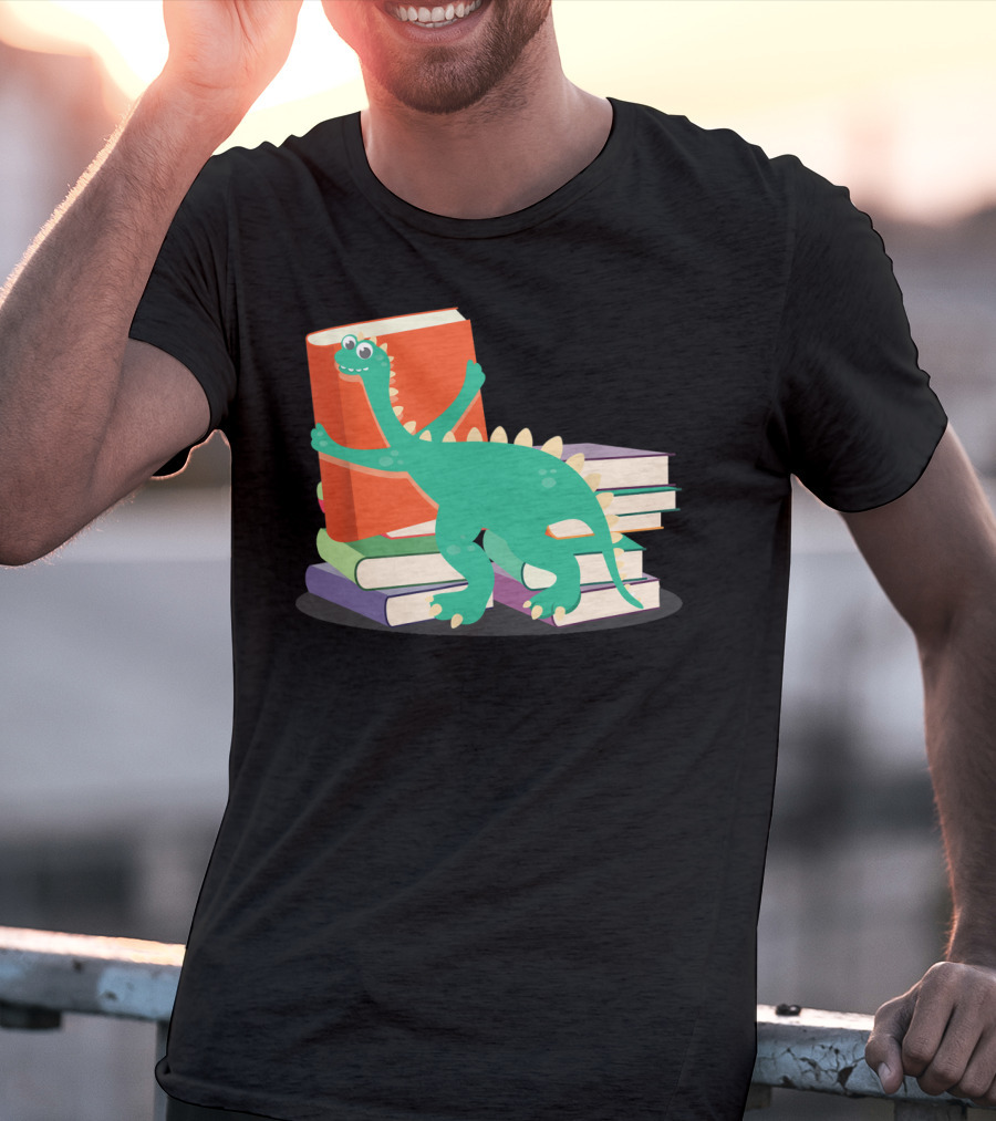Cute Dinosaur Hugging Books For Bookish Literary Nerds T-Shirt