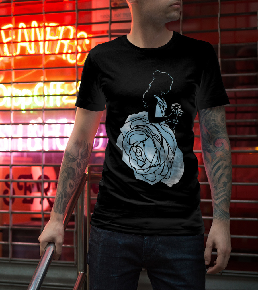 Disney Beauty And The Beast Belle Silhouette Blue Rose Dress T-Shirt