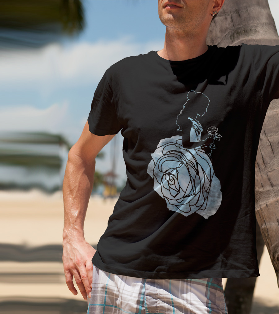 Disney Beauty And The Beast Belle Silhouette Blue Rose Dress T-Shirt