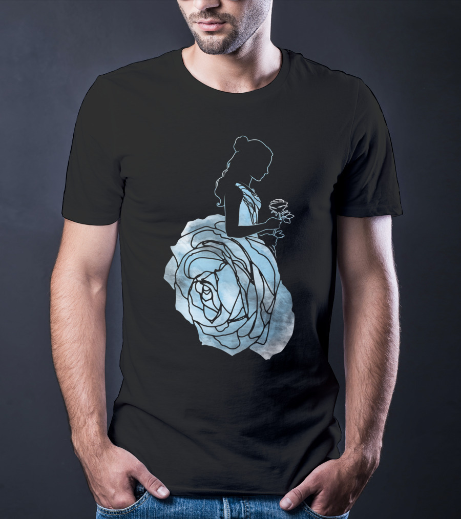 Disney Beauty And The Beast Belle Silhouette Blue Rose Dress T-Shirt