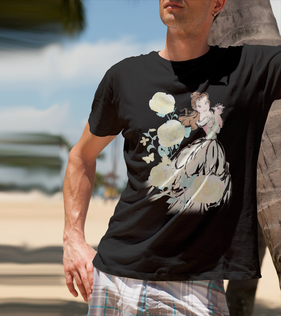 Disney Beauty The Beast Belle Yellow Watercolor Rose Butterfly T-Shirt