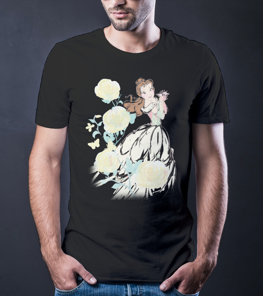 Disney Beauty The Beast Belle Yellow Watercolor Rose Butterfly T-Shirt