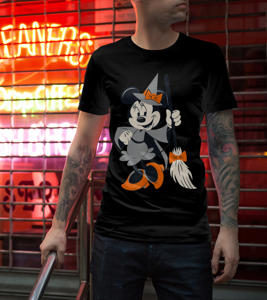 Disney Halloween Minnie Mouse Witch Costume Broomstick Orange Bows T-Shirt