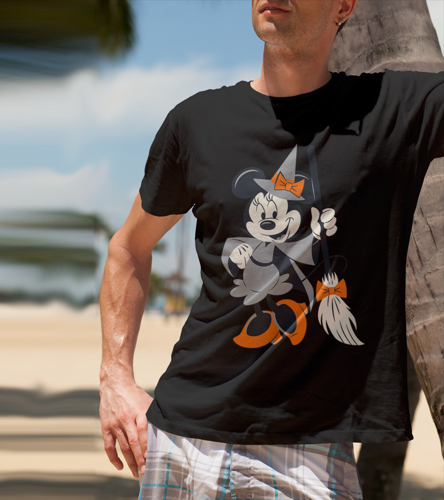 Disney Halloween Minnie Mouse Witch Costume Broomstick Orange Bows T-Shirt
