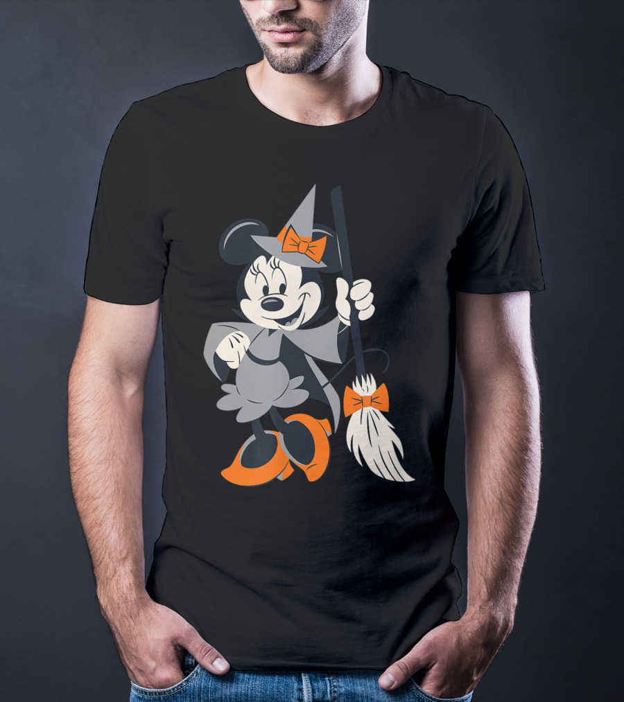 Disney Halloween Minnie Mouse Witch Costume Broomstick Orange Bows T-Shirt