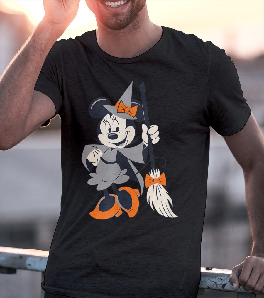 Disney Halloween Minnie Mouse Witch Costume Broomstick Orange Bows T-Shirt