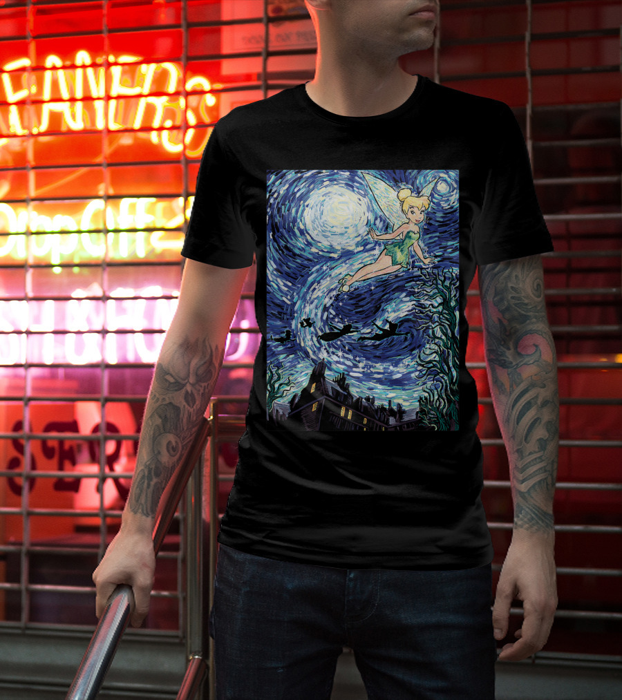 Disney Peter Pan Tinker Bell Starry Night Van Gogh Style Flight Scene T-Shirt