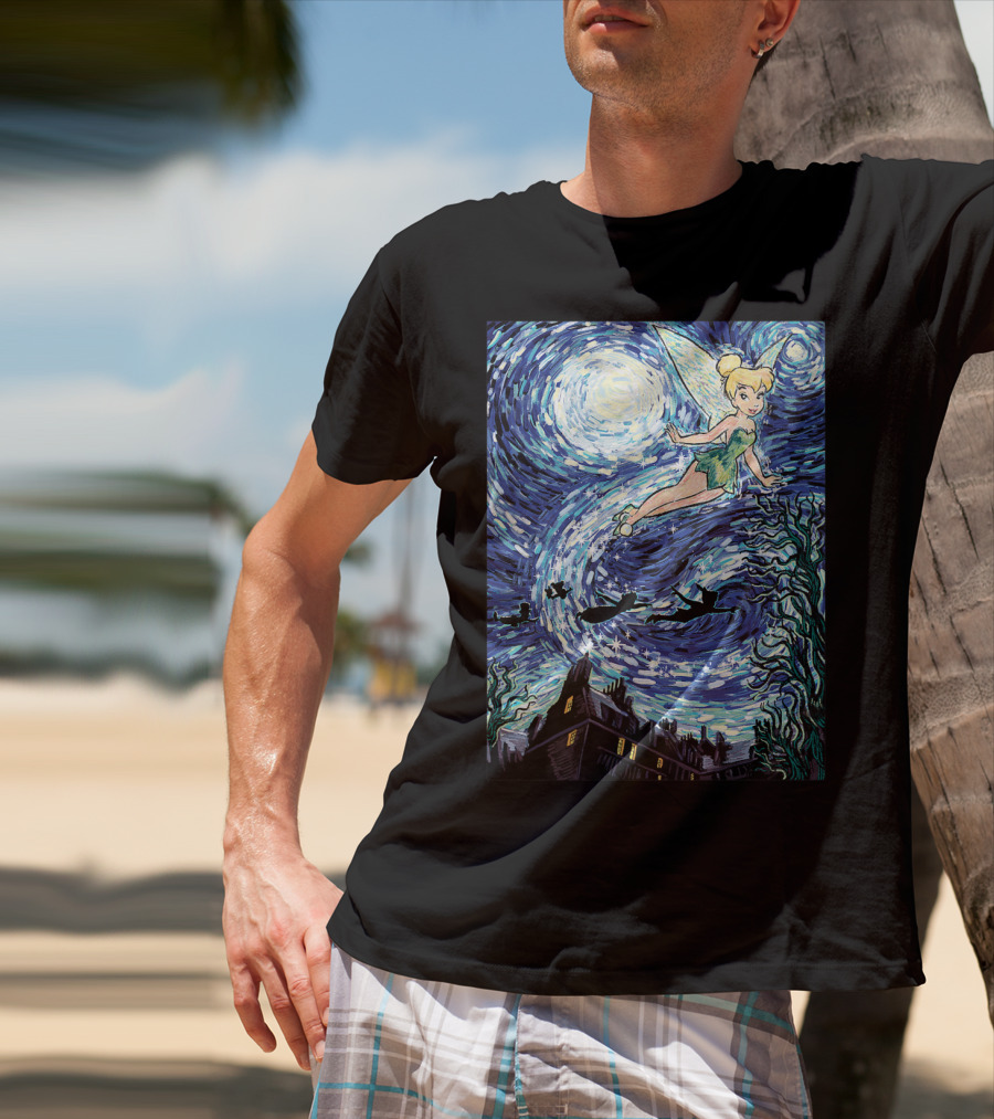 Disney Peter Pan Tinker Bell Starry Night Van Gogh Style Flight Scene T-Shirt