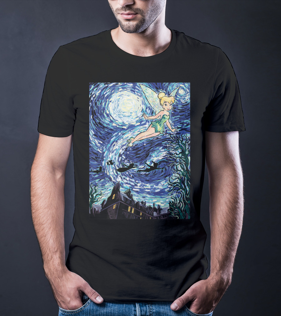 Disney Peter Pan Tinker Bell Starry Night Van Gogh Style Flight Scene T-Shirt