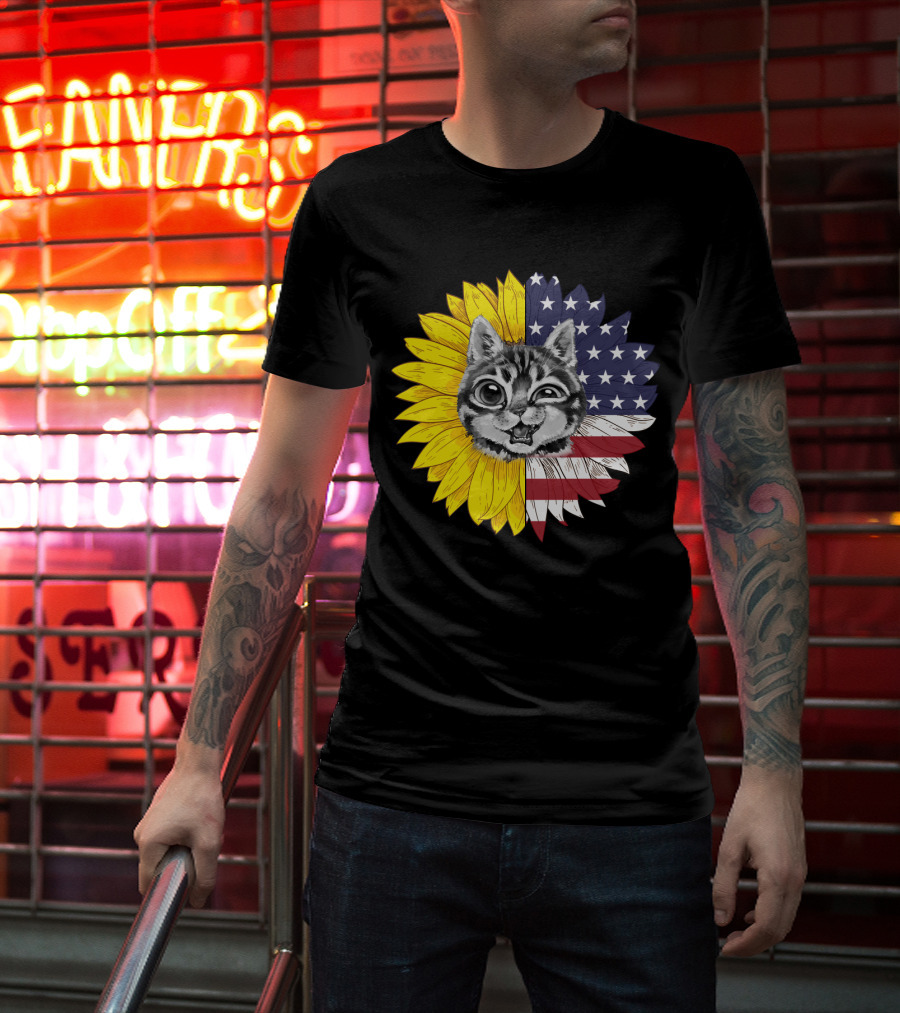 CAT LOVERS Sunflower American Flag Winking Cat T-Shirt
