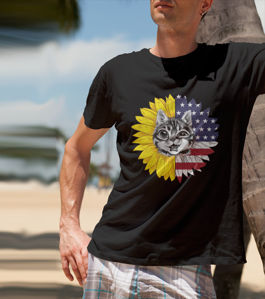 CAT LOVERS Sunflower American Flag Winking Cat T-Shirt
