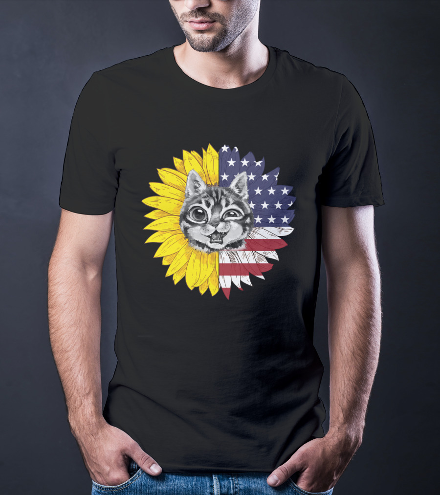 CAT LOVERS Sunflower American Flag Winking Cat T-Shirt