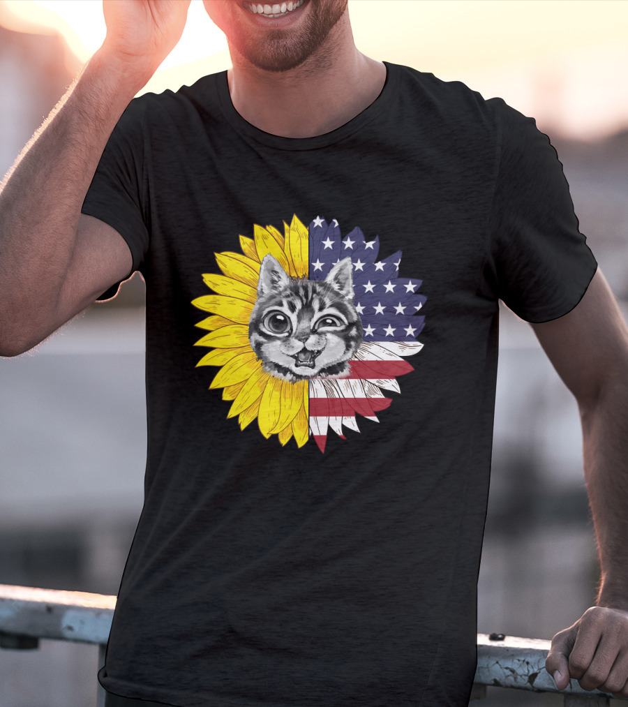 CAT LOVERS Sunflower American Flag Winking Cat T-Shirt