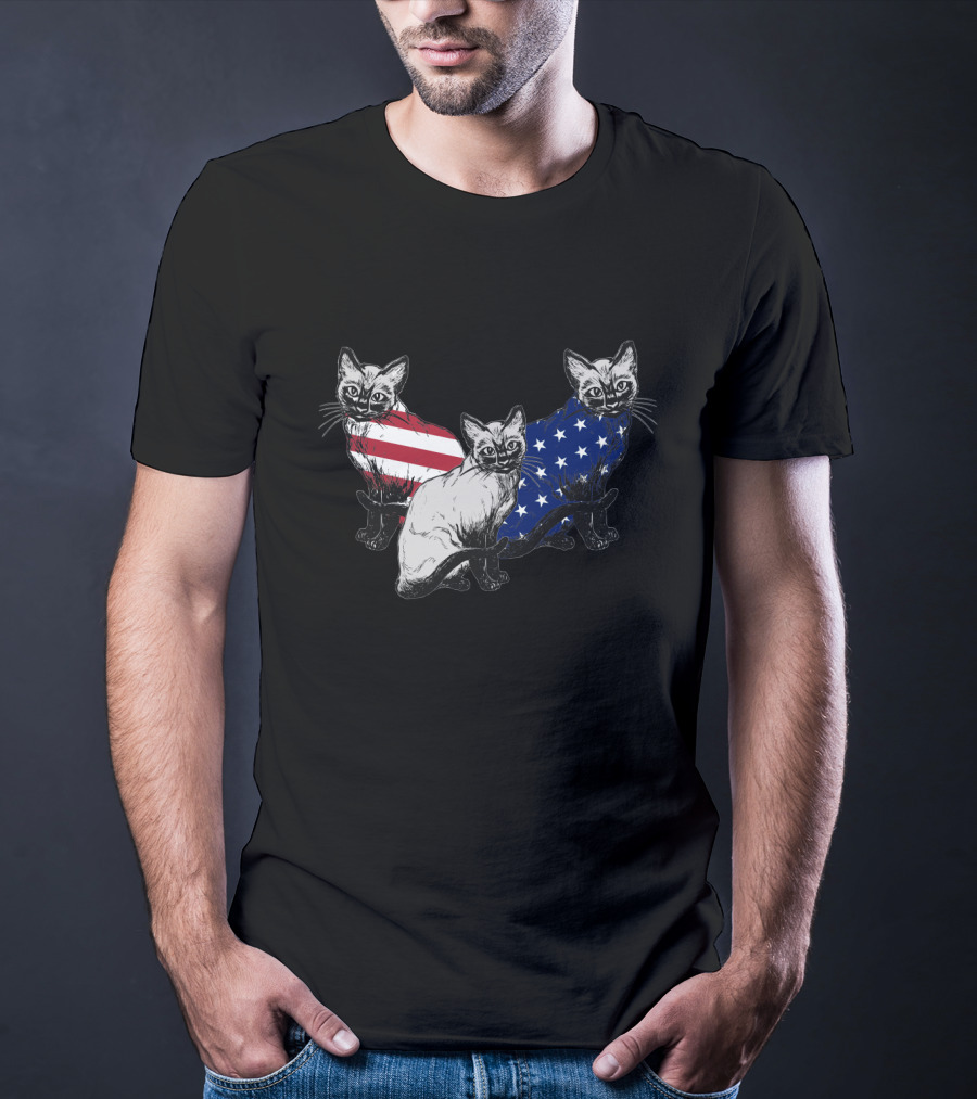 Siamese Cats American Flag July Independence Day T-Shirt
