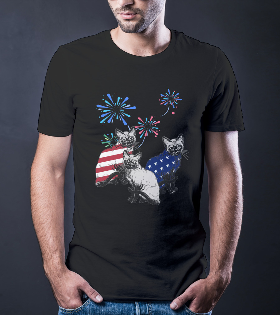 SiameseJuly Cats With Fireworks And American Flag T-Shirt