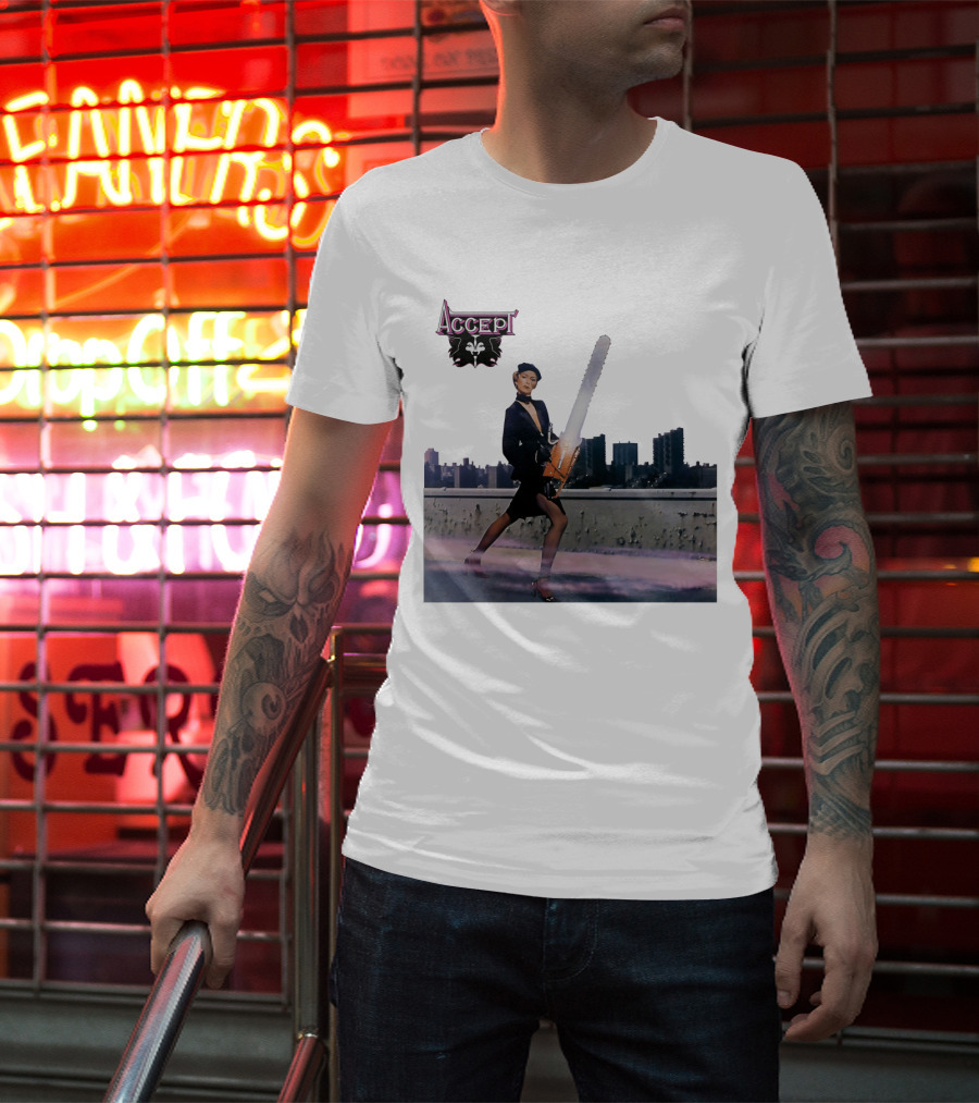 Accept Chainsaw Woman Cityscape Scene T-Shirt