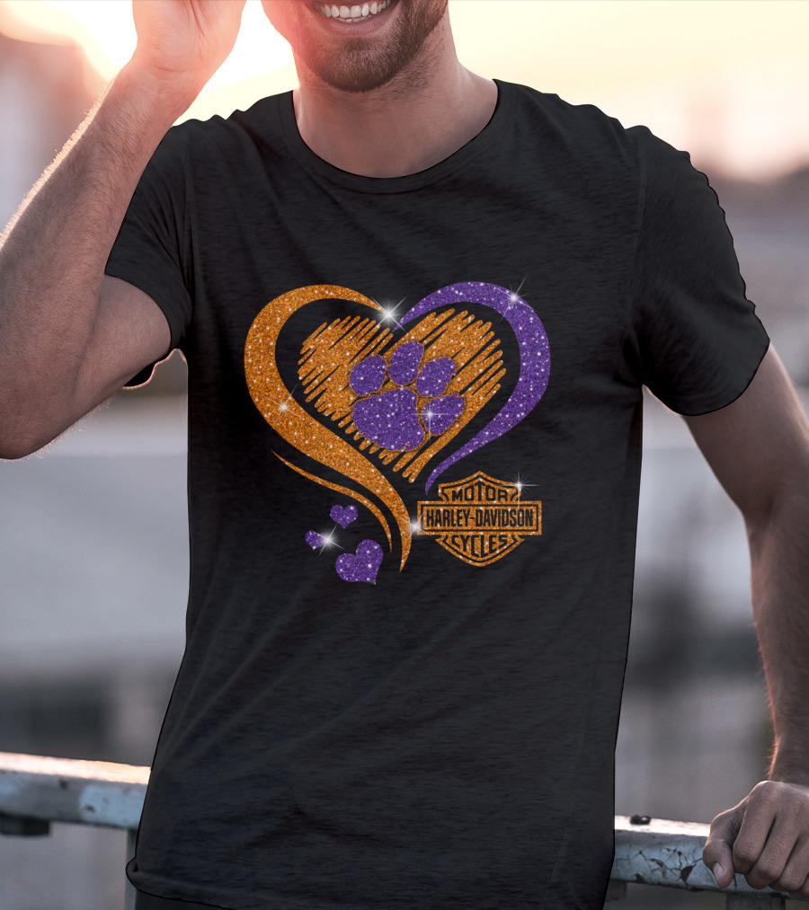 Clemson Tigers Purple Paw Heart Harley Davidson T-Shirt