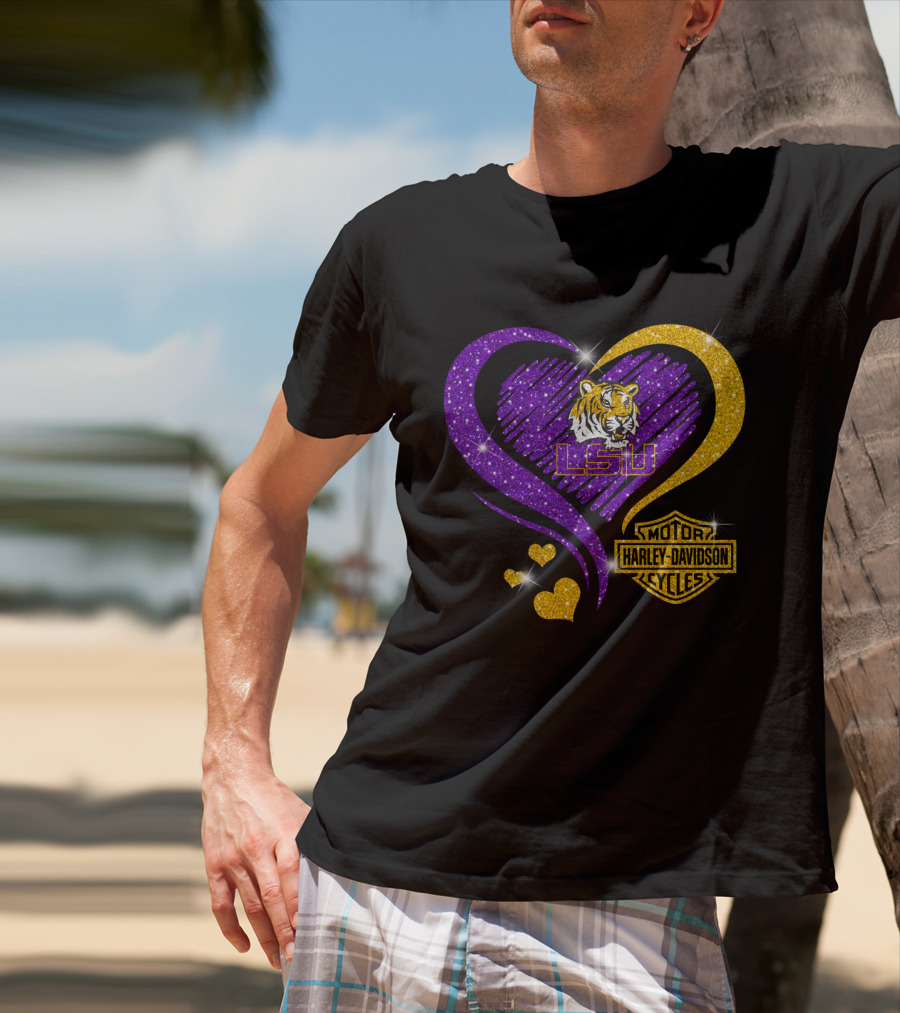 Hd Ncaa Lsu Tigers Heart Harley Davidson Motorcycle Cycles T-Shirt