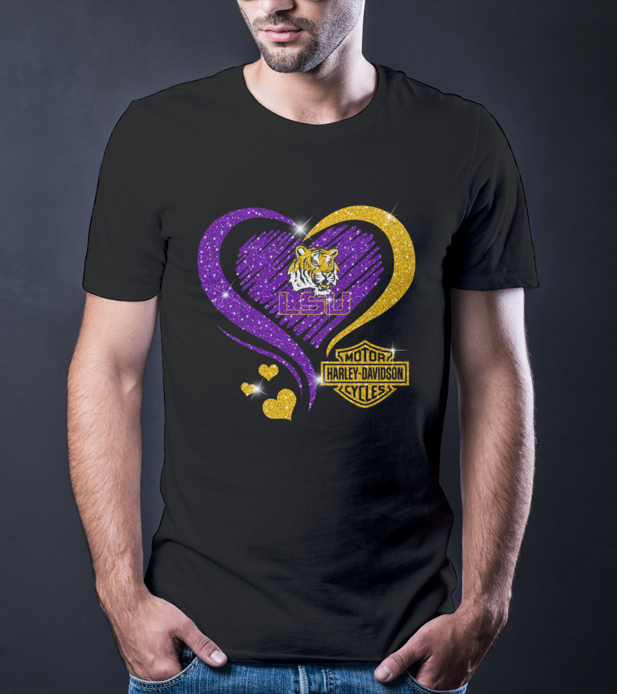Hd Ncaa Lsu Tigers Heart Harley Davidson Motorcycle Cycles T-Shirt