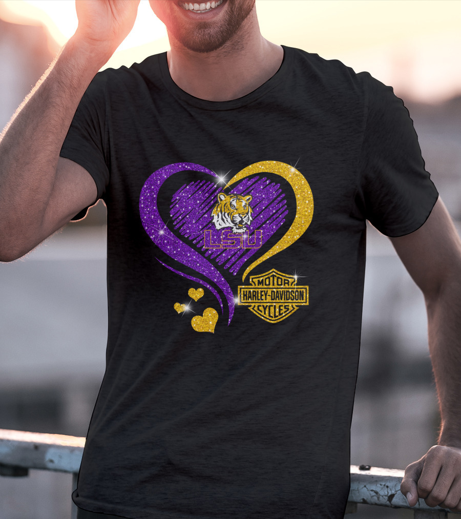 Hd Ncaa Lsu Tigers Heart Harley Davidson Motorcycle Cycles T-Shirt