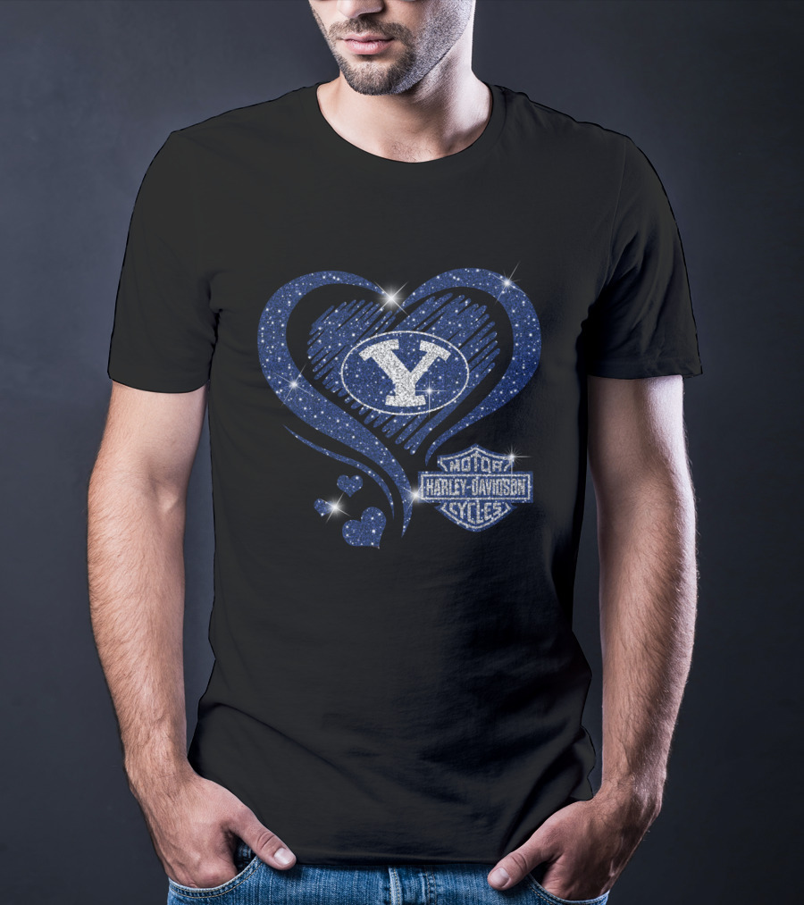 Byu Cougars Y Logo And Harley Davidson Motorcycles Blue Heart T-Shirt