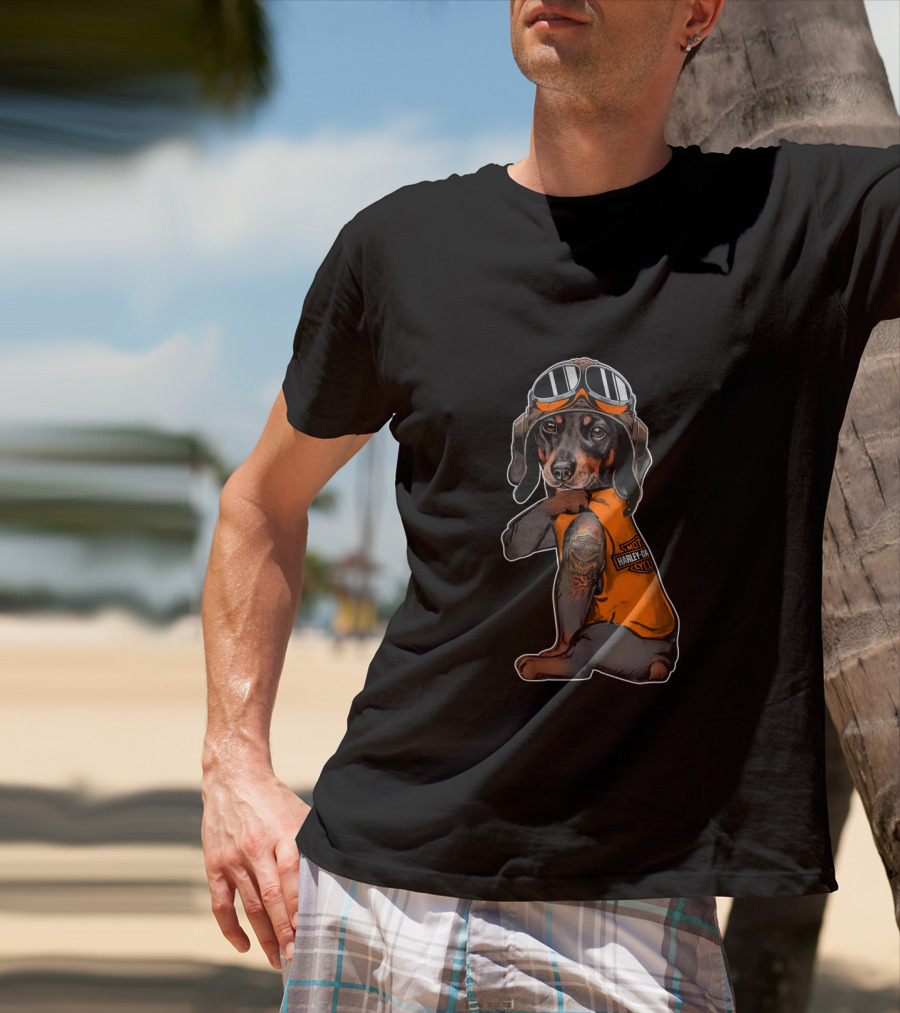 Hd Tatoo Dachshund In Harley Davidson Biker Gear T-Shirt